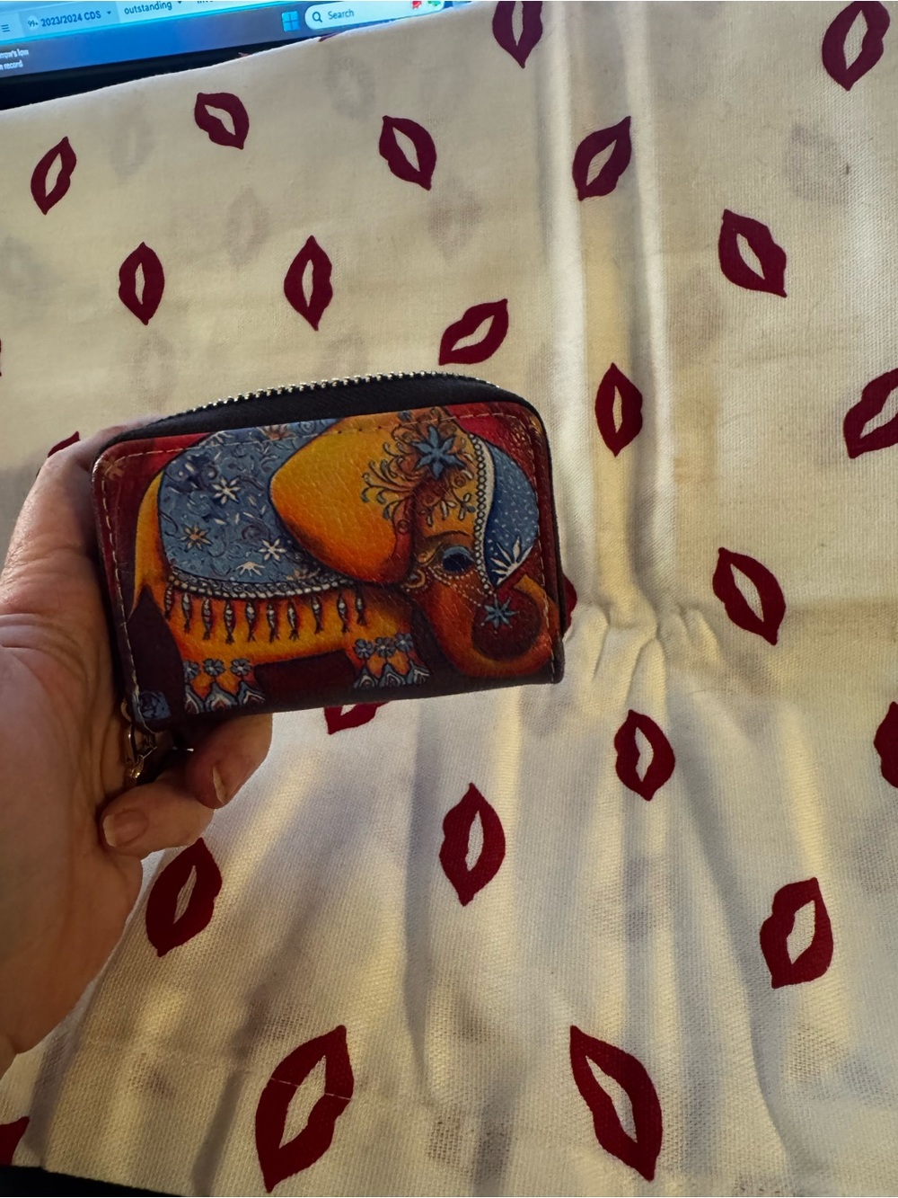 Painted Elephant Zip card Wallet - Orange & Blue EUC whimsical
